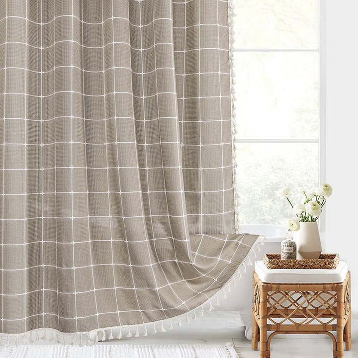 Shower Curtain with Fringed Hem - Shower Curtain - Brown Checked - Oaksoho