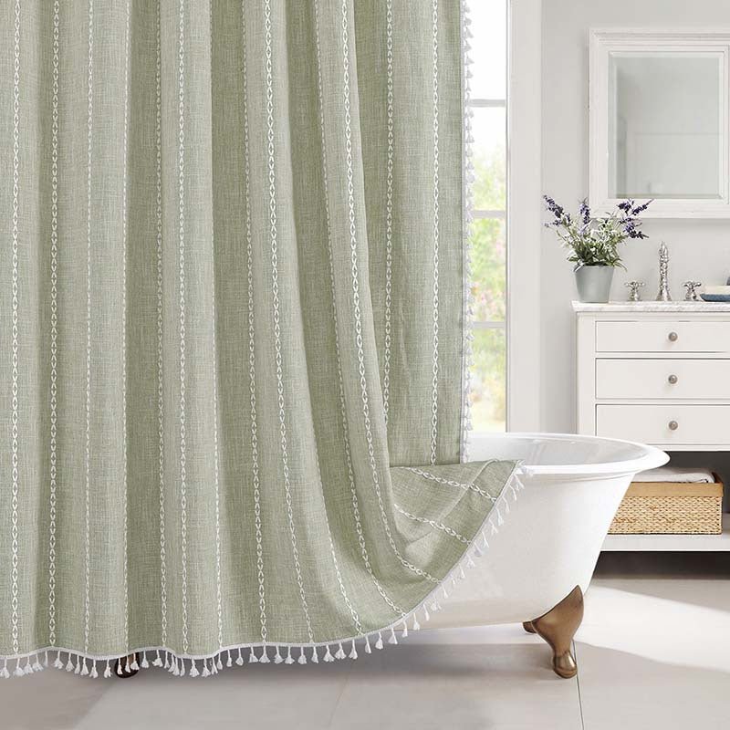 Shower Curtain with Fringed Hem - Shower Curtain - Green Stripes - Oaksoho