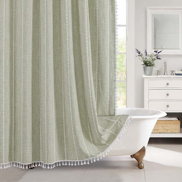 Shower Curtain with Fringed Hem - Shower Curtain - Green Stripes - Oaksoho