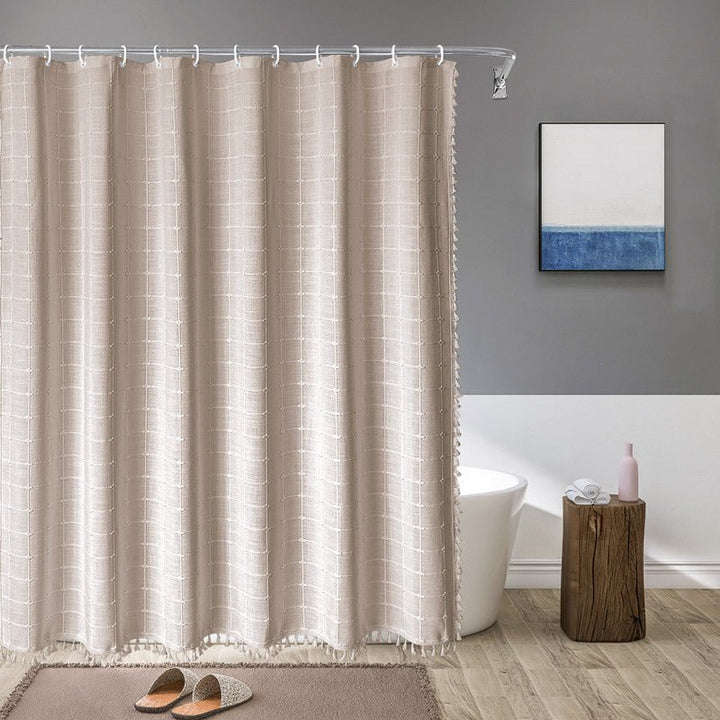 Shower Curtain with Fringed Hem - Shower Curtain - Beige Checked - Oaksoho