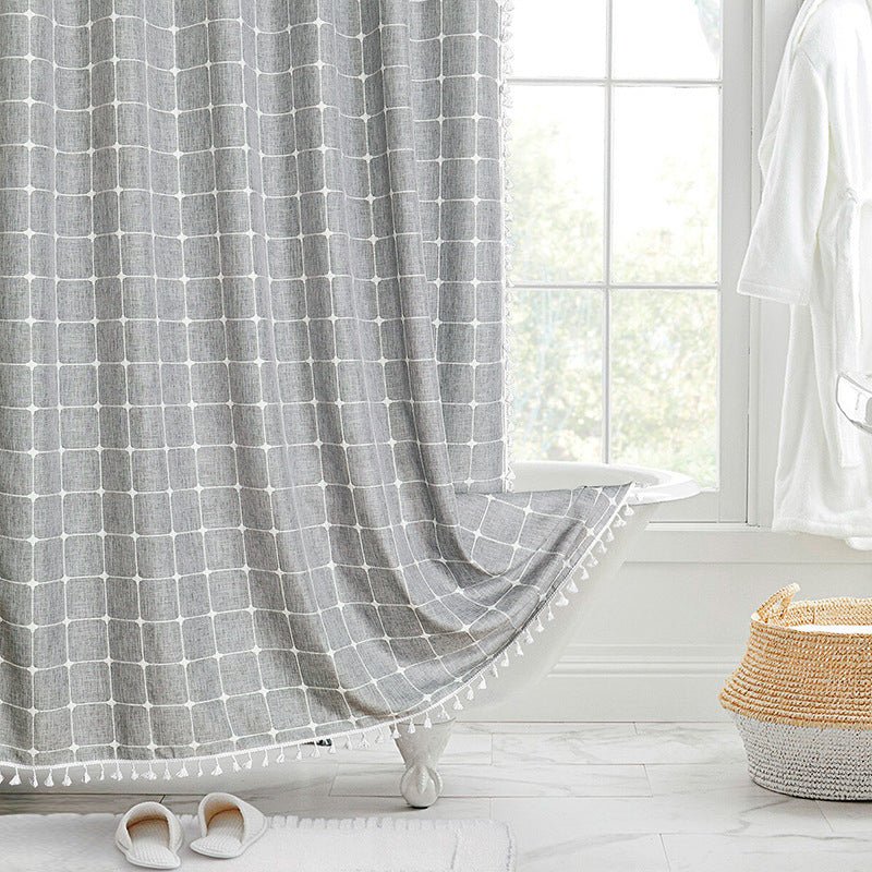 Shower Curtain with Fringed Hem - Shower Curtain - Grey Checked - Oaksoho