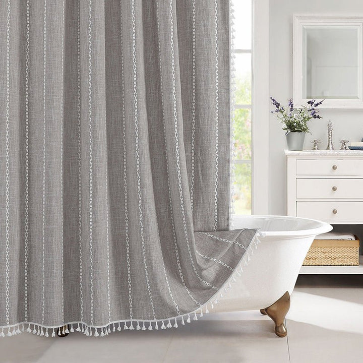 Shower Curtain with Fringed Hem - Shower Curtain - Grey Stripes - Oaksoho