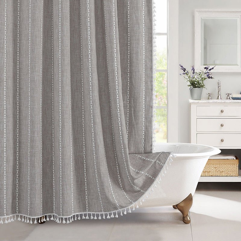 Shower Curtain with Fringed Hem - Shower Curtain - Grey Stripes - Oaksoho