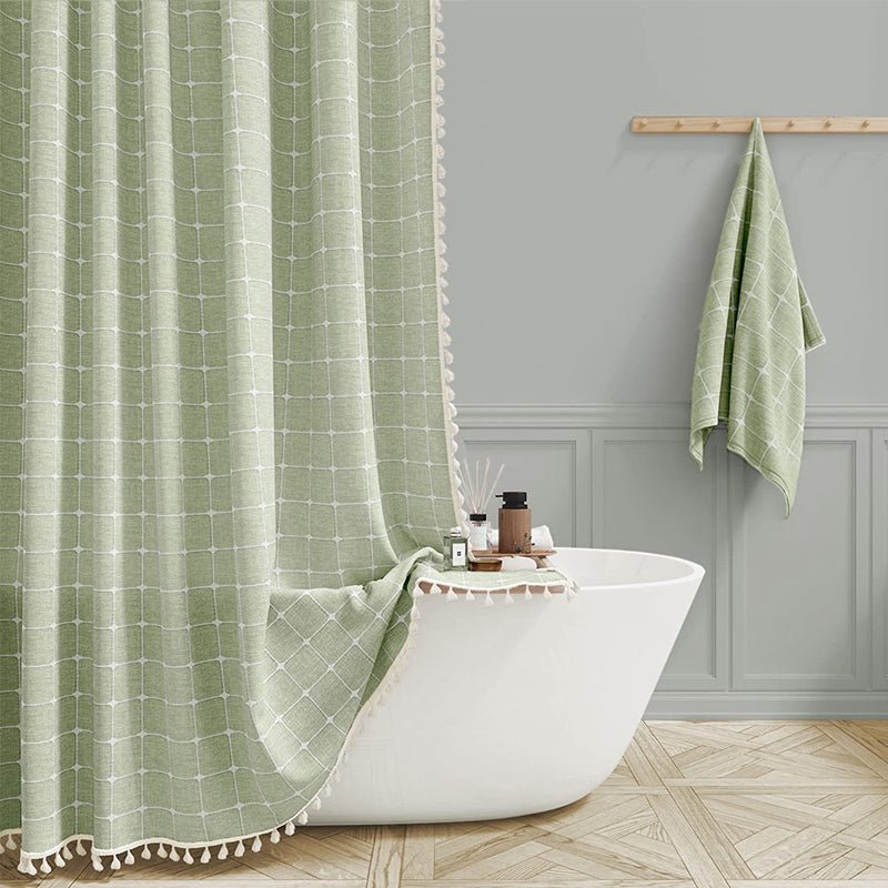 Shower Curtain with Fringed Hem - Shower Curtain - Green Checked - Oaksoho
