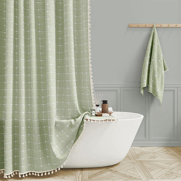 Shower Curtain with Fringed Hem - Shower Curtain - Green Checked - Oaksoho