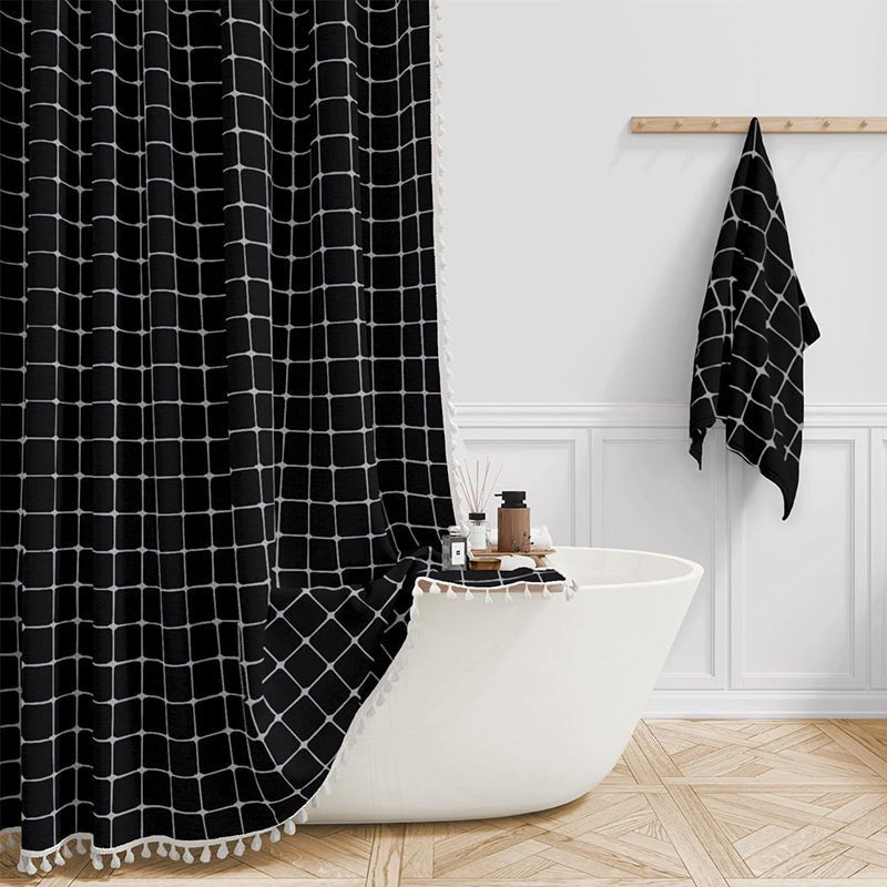 Shower Curtain with Fringed Hem - Shower Curtain - Black Checked - Oaksoho