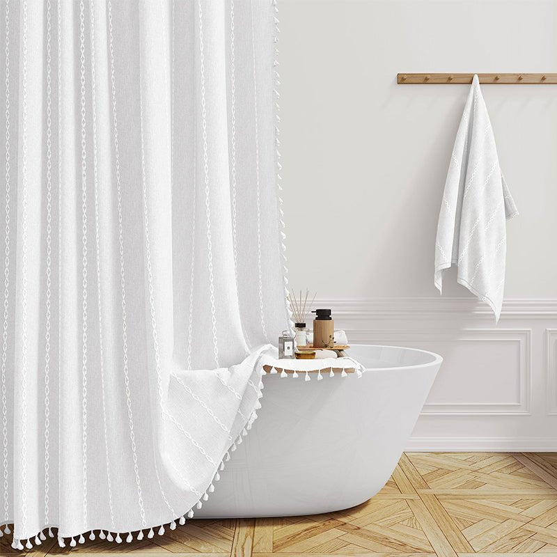 Shower Curtain with Fringed Hem - Shower Curtain - White Stripes - Oaksoho