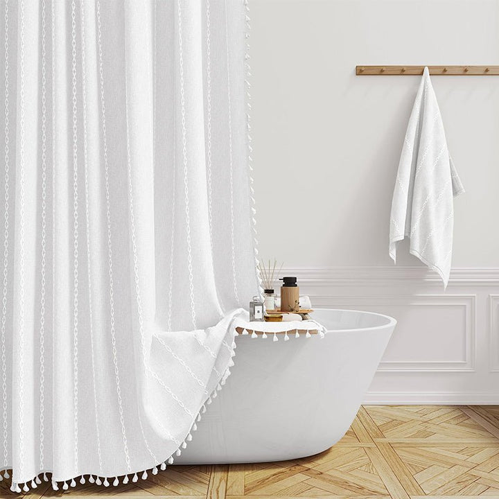 Shower Curtain with Fringed Hem - Shower Curtain - White Stripes - Oaksoho