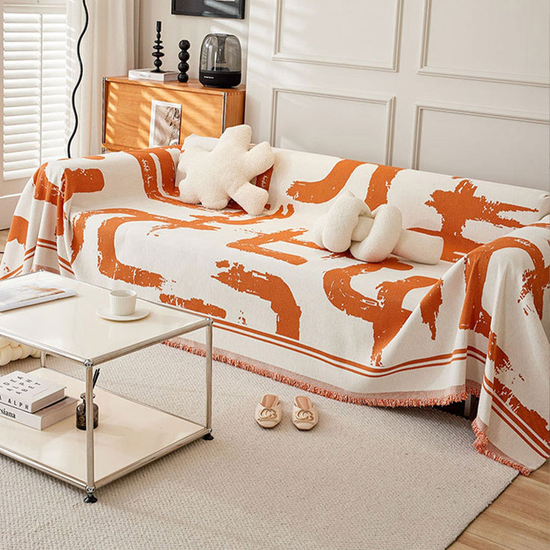 Sofa Cover with Abstract Pattern and Fringes - Living Room - Sunset Stroke - Oaksoho