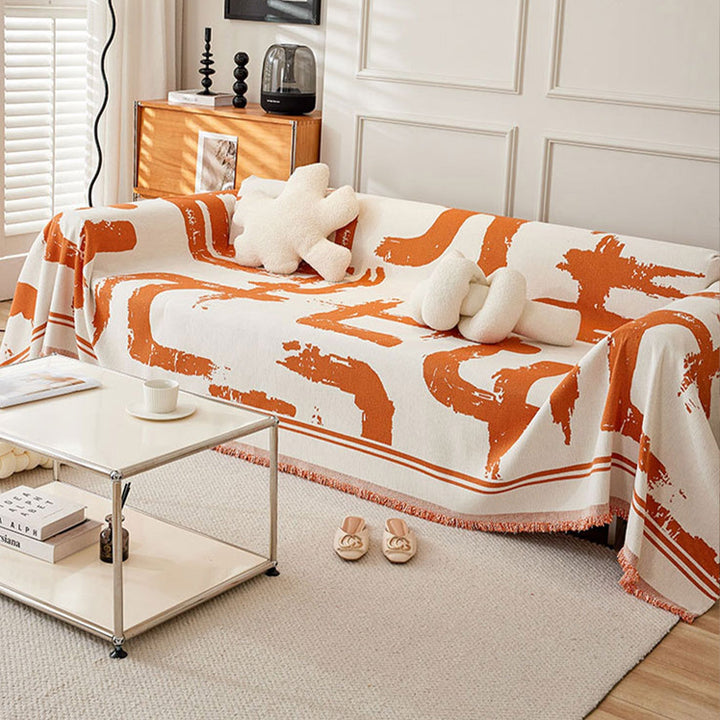 Sofa Cover with Abstract Pattern and Fringes - Living Room - Sunset Stroke - Oaksoho