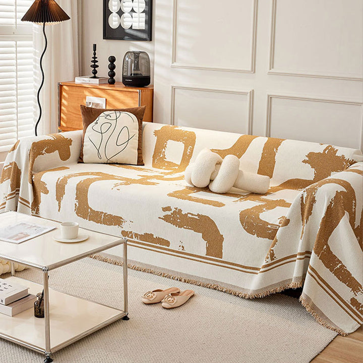 Sofa Cover with Abstract Pattern and Fringes - Living Room - Amber Flow - Oaksoho