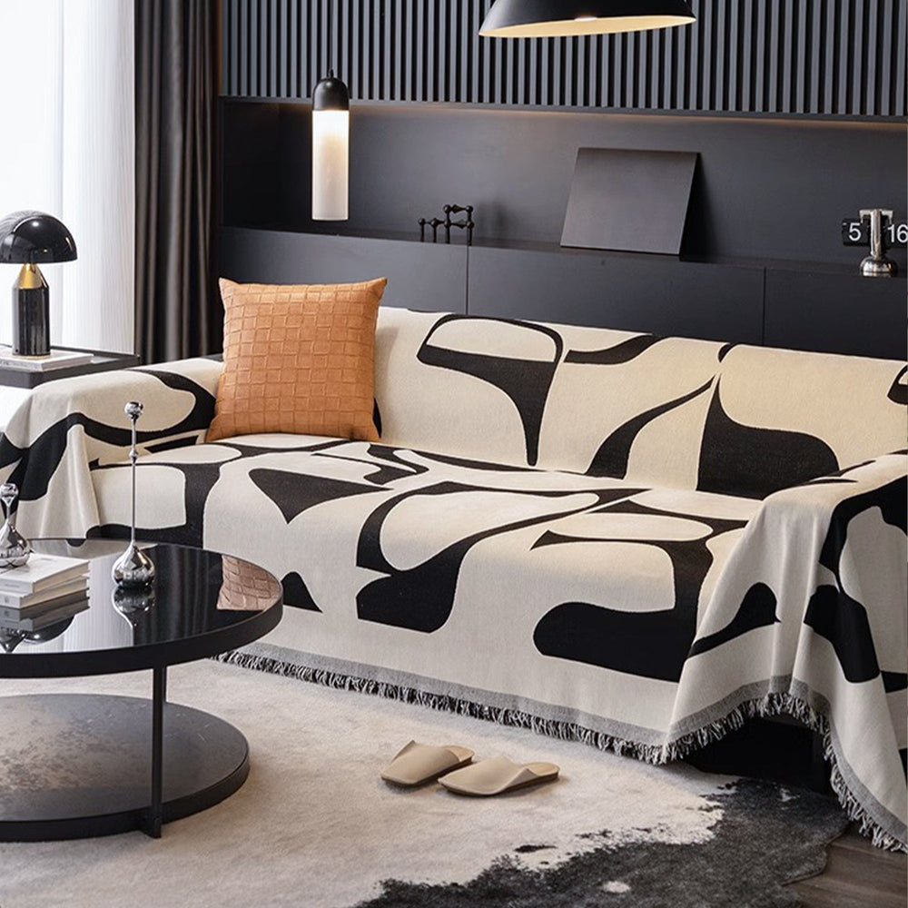 Sofa Cover with Abstract Pattern and Fringes - Living Room - Modern White - Oaksoho