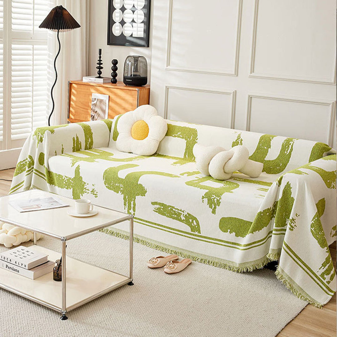 Sofa Cover with Abstract Pattern and Fringes - Living Room - Lime Brush - Oaksoho