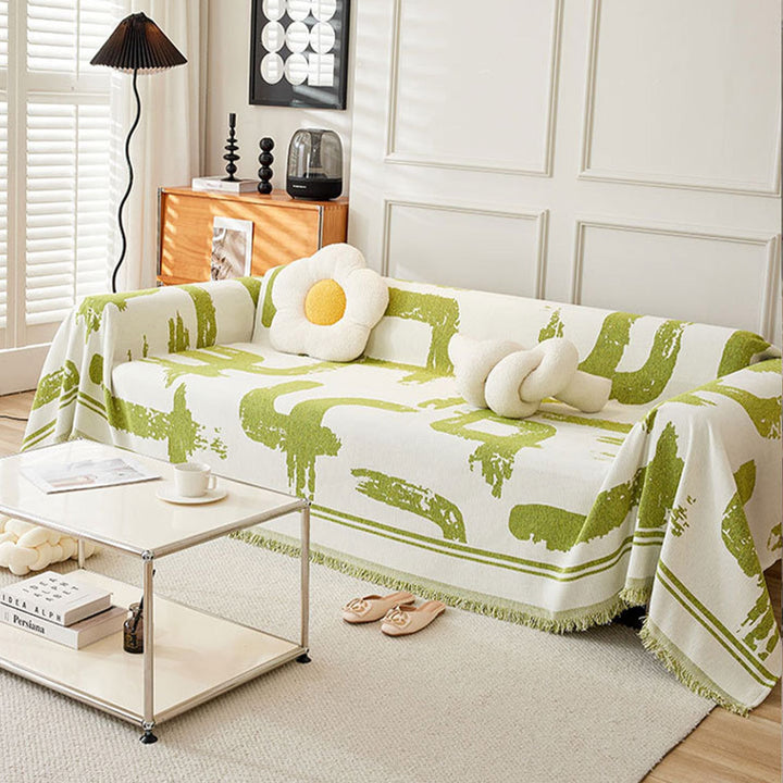 Sofa Cover with Abstract Pattern and Fringes - Living Room - Lime Brush - Oaksoho