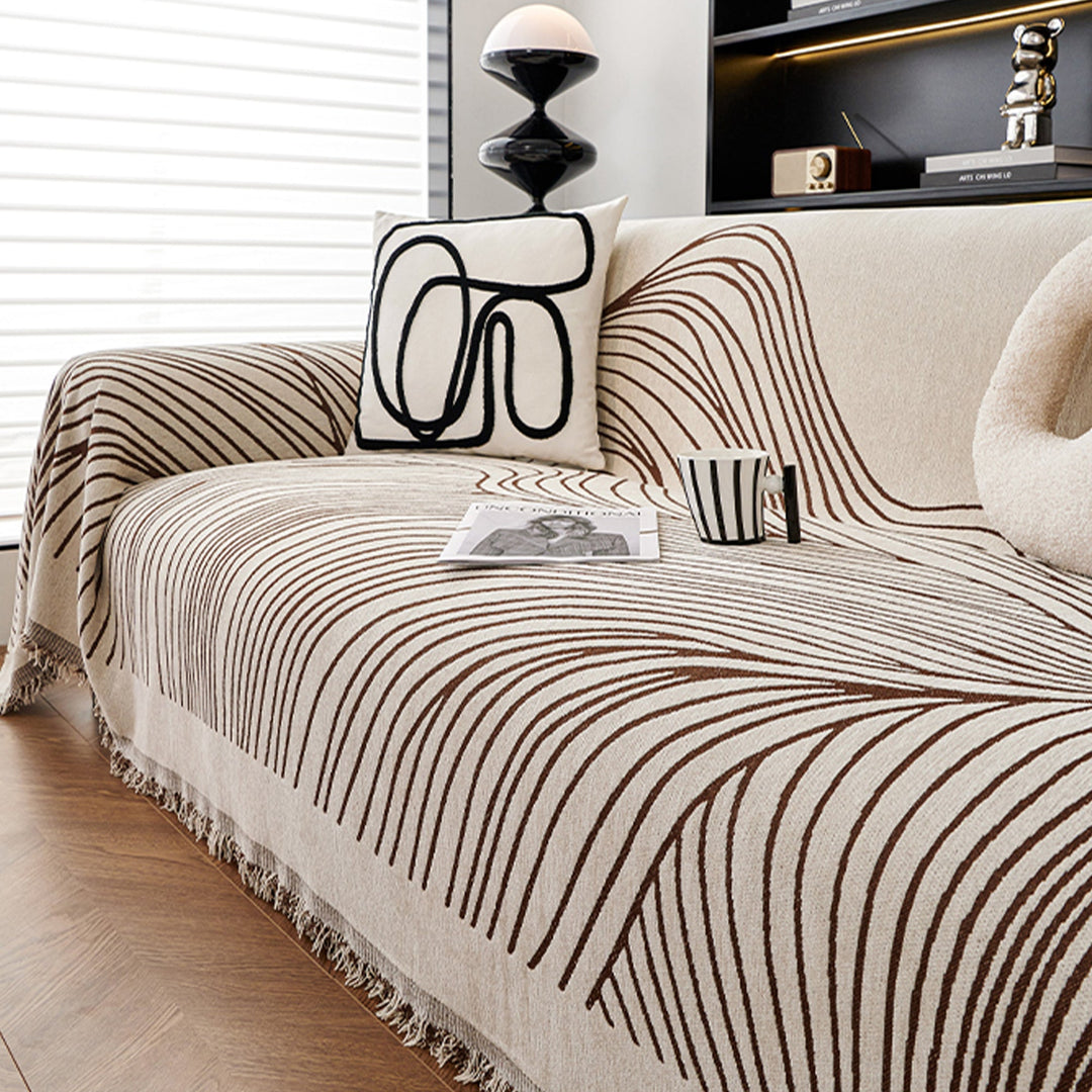 Sofa cover with modern wave pattern and fringes - Sofa Protector - Brown lines - Oaksoho