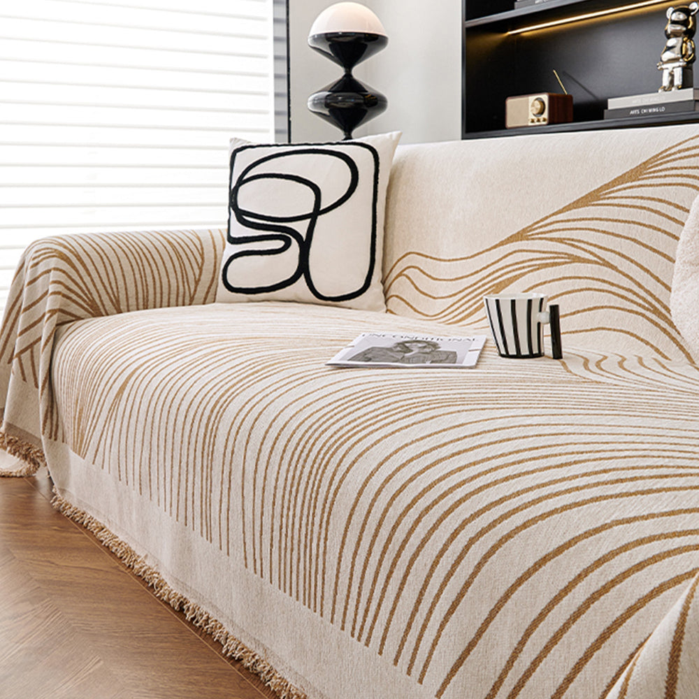 Sofa cover with modern wave pattern and fringes - Sofa Protector - Beige lines - Oaksoho