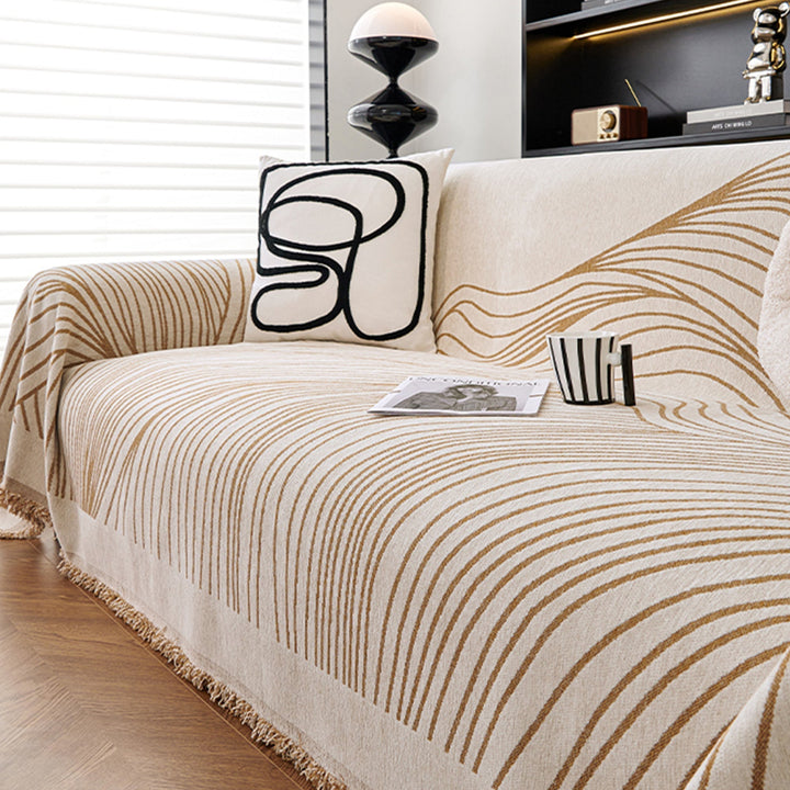 Sofa cover with modern wave pattern and fringes - Sofa Protector - Beige lines - Oaksoho