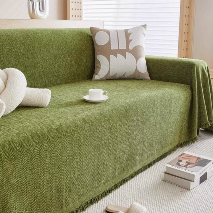 Sofa Throw with Fringes and Water - Repellent Function - Living Room - Green - Oaksoho