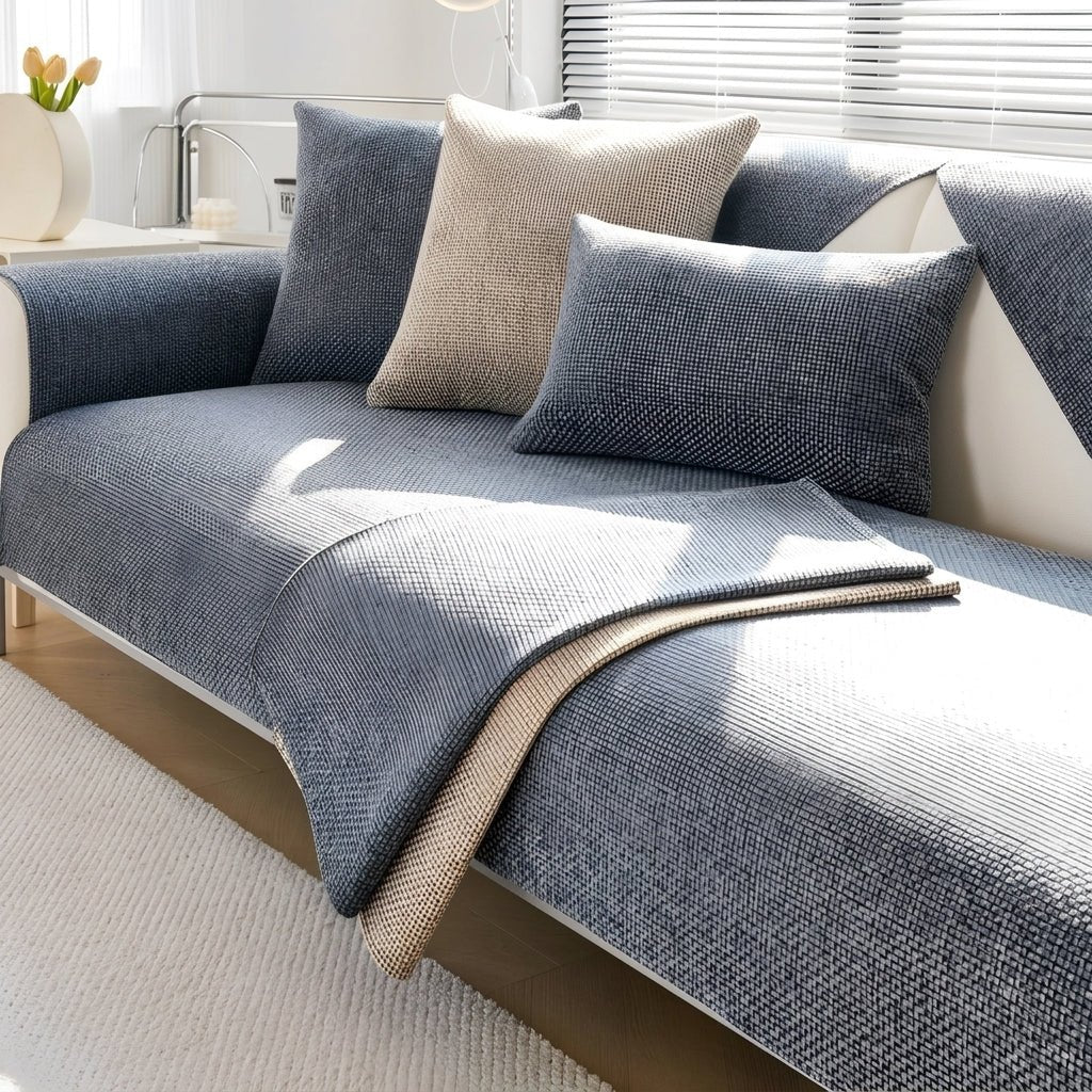Sofa Throw with Textured Waffle Fabric Pattern - Sofa Cover - Dark Grey - Oaksoho