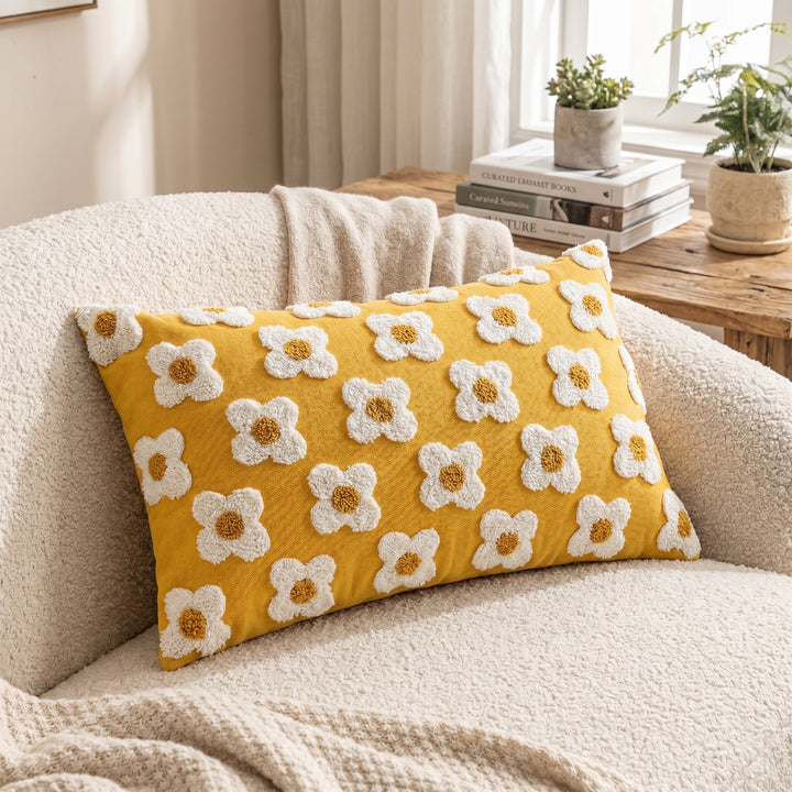 Soft Cushion Covers with Floral Pattern - Cushion Covers - Yellow - Oaksoho