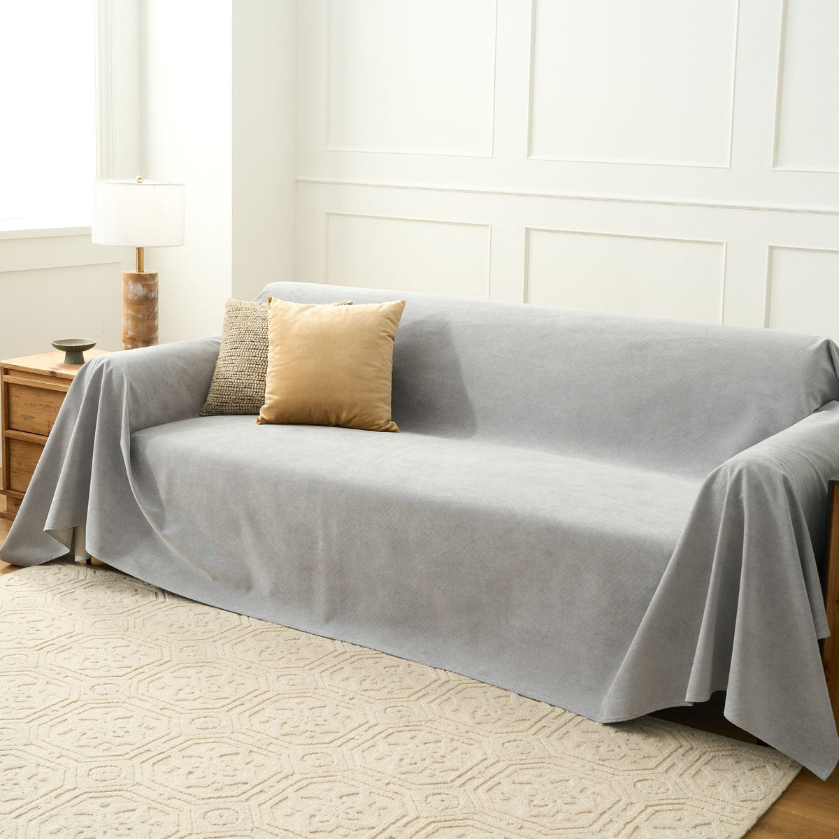 Soft Woven Sofa Throw Cover with Non-Slip Backing - Slipcovers - Beige - Oak Soho