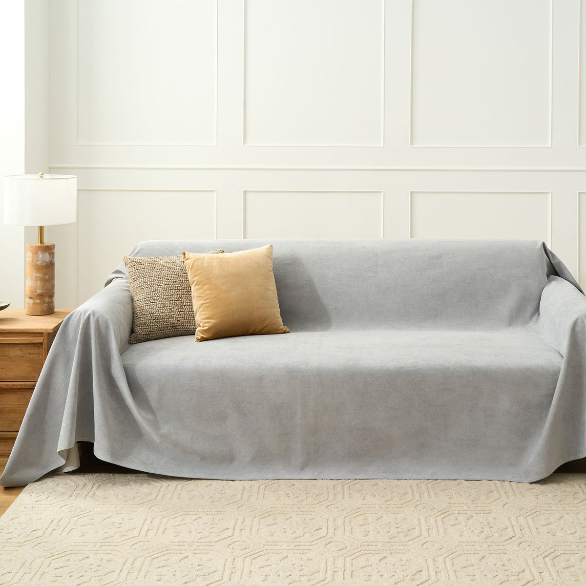 Soft Woven Sofa Throw Cover with Non-Slip Backing - Slipcovers - Beige - Oak Soho
