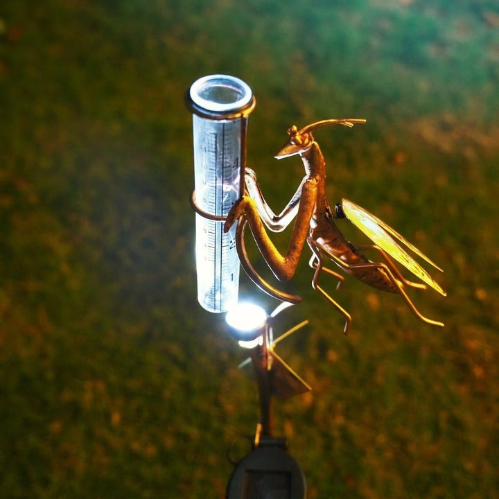 Solar Garden Praying Mantis Rain Gauge Pole with Light - Rain Gage - Oaksoho