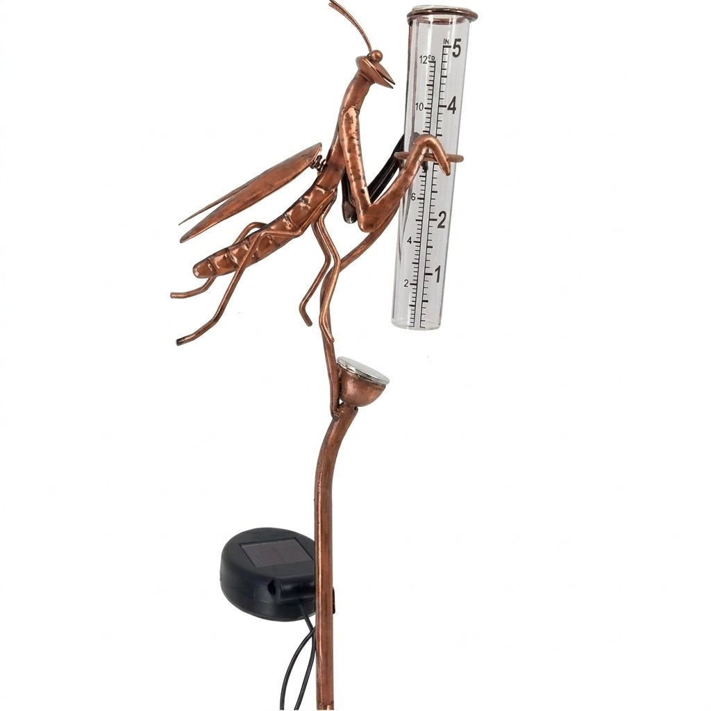 Solar Garden Praying Mantis Rain Gauge Pole with Light - Rain Gage - Oaksoho