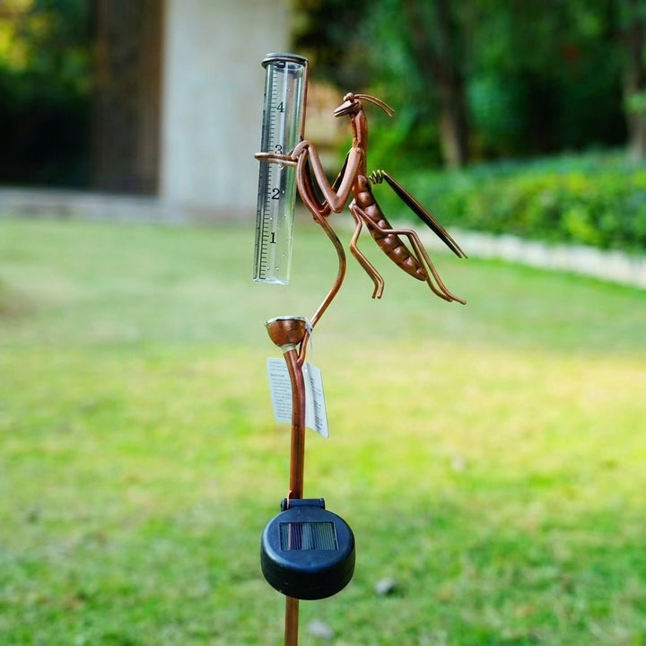 Solar Garden Praying Mantis Rain Gauge Pole with Light - Rain Gage - Oaksoho