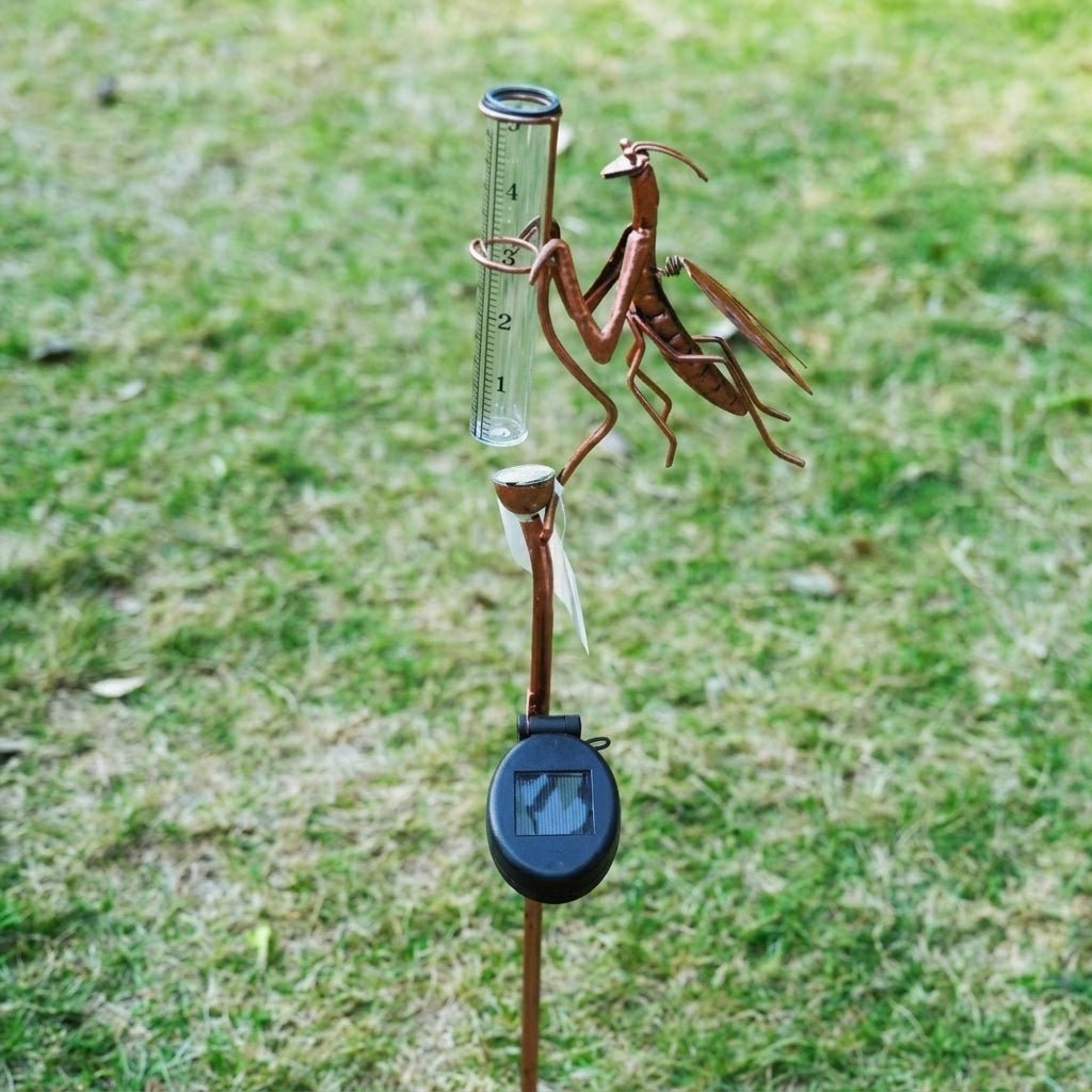 Solar Garden Praying Mantis Rain Gauge Pole with Light - Rain Gage - Oaksoho