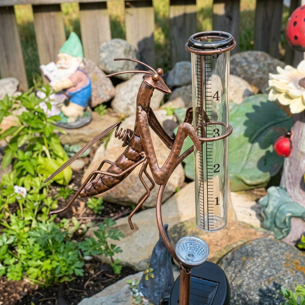 Solar Garden Praying Mantis Rain Gauge Pole with Light - Rain Gage - Oaksoho