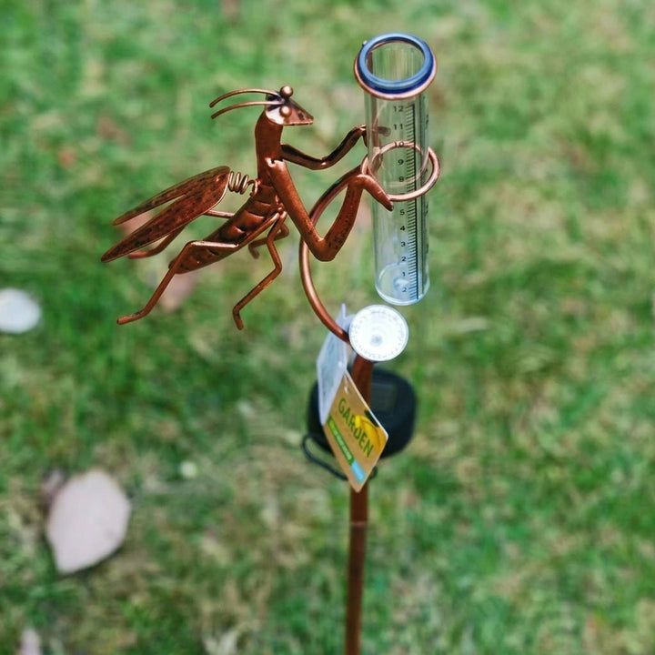 Solar Garden Praying Mantis Rain Gauge Pole with Light - Rain Gage - Oaksoho