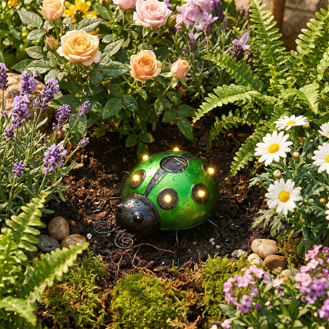 Solar LED Metal Ladybird Garden Decoration - Solar LED Light - Green - Oaksoho