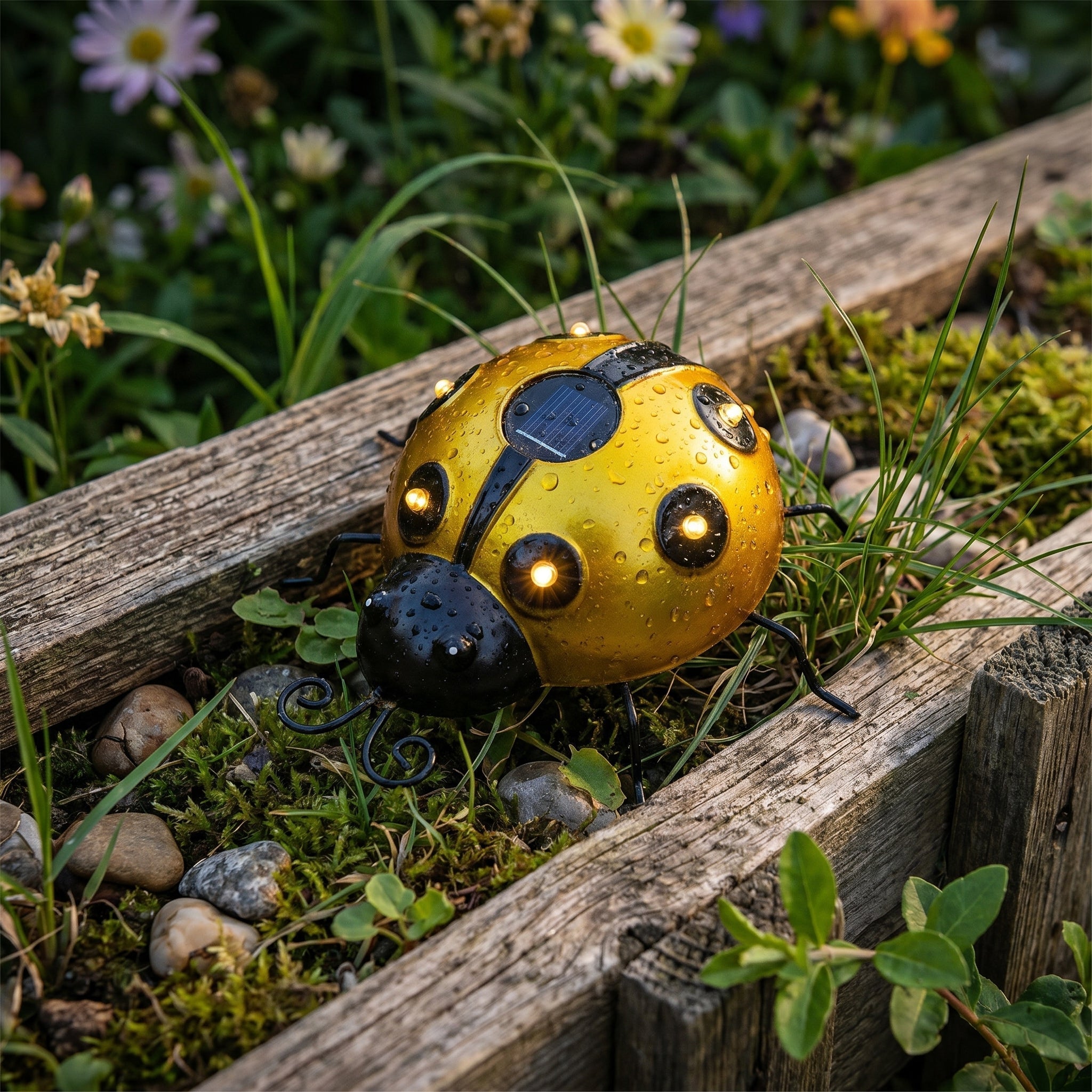 Solar LED Metal Ladybird Garden Decoration - Solar LED Light - Yellow - Oaksoho