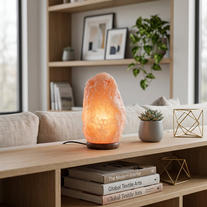 Table Lamp in Himalayan Salt Look with Wooden Base - Table Lamp - Oaksoho
