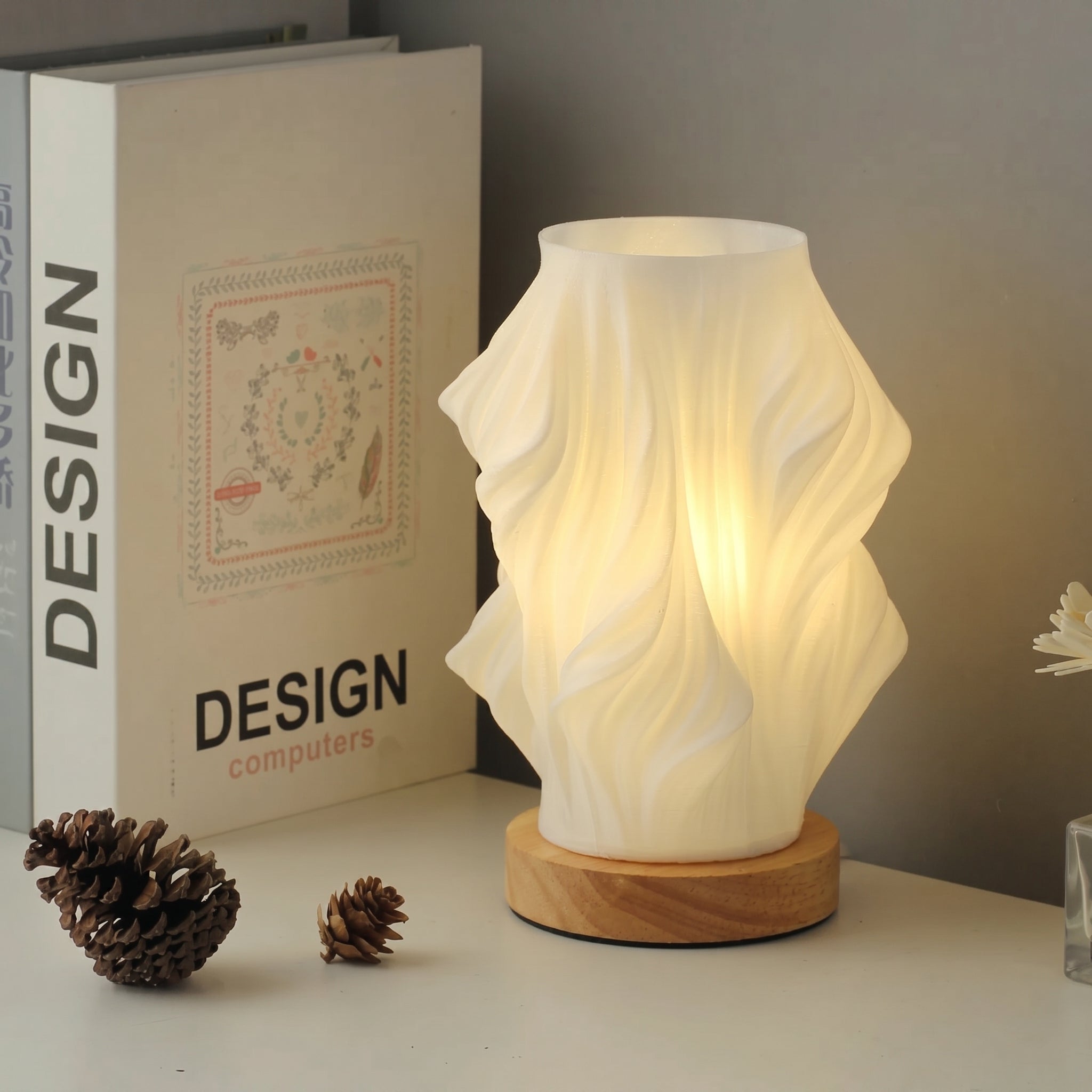 Table Lamp with Twisted Spiral Shade and Wooden Base - Table Lamp - Medium - Oaksoho