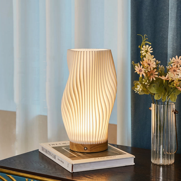 Table Lamp with Twisted Spiral Shade and Wooden Base - Table Lamp - Medium - Oaksoho