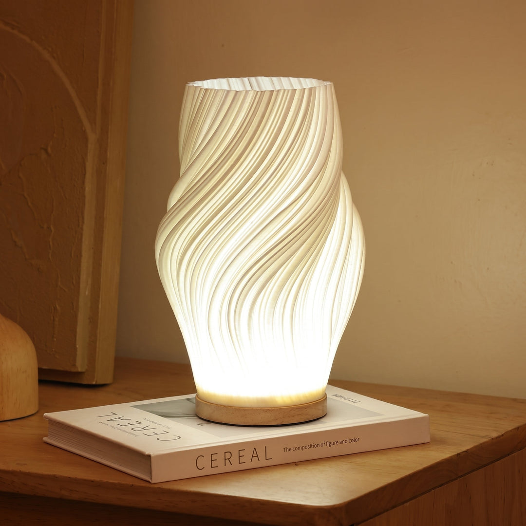Table Lamp with Twisted Spiral Shade and Wooden Base - Table Lamp - Medium - Oaksoho