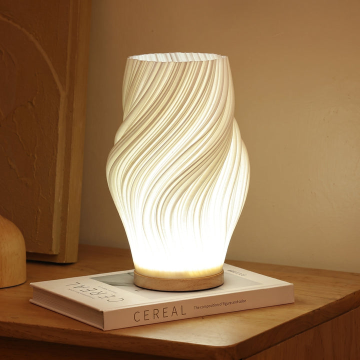 Table Lamp with Twisted Spiral Shade and Wooden Base - Table Lamp - Medium - Oaksoho