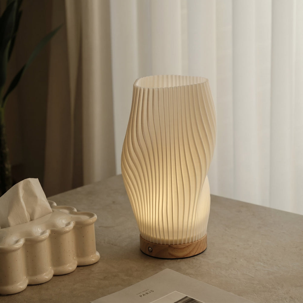 Table Lamp with Twisted Spiral Shade and Wooden Base - Table Lamp - Medium - Oaksoho