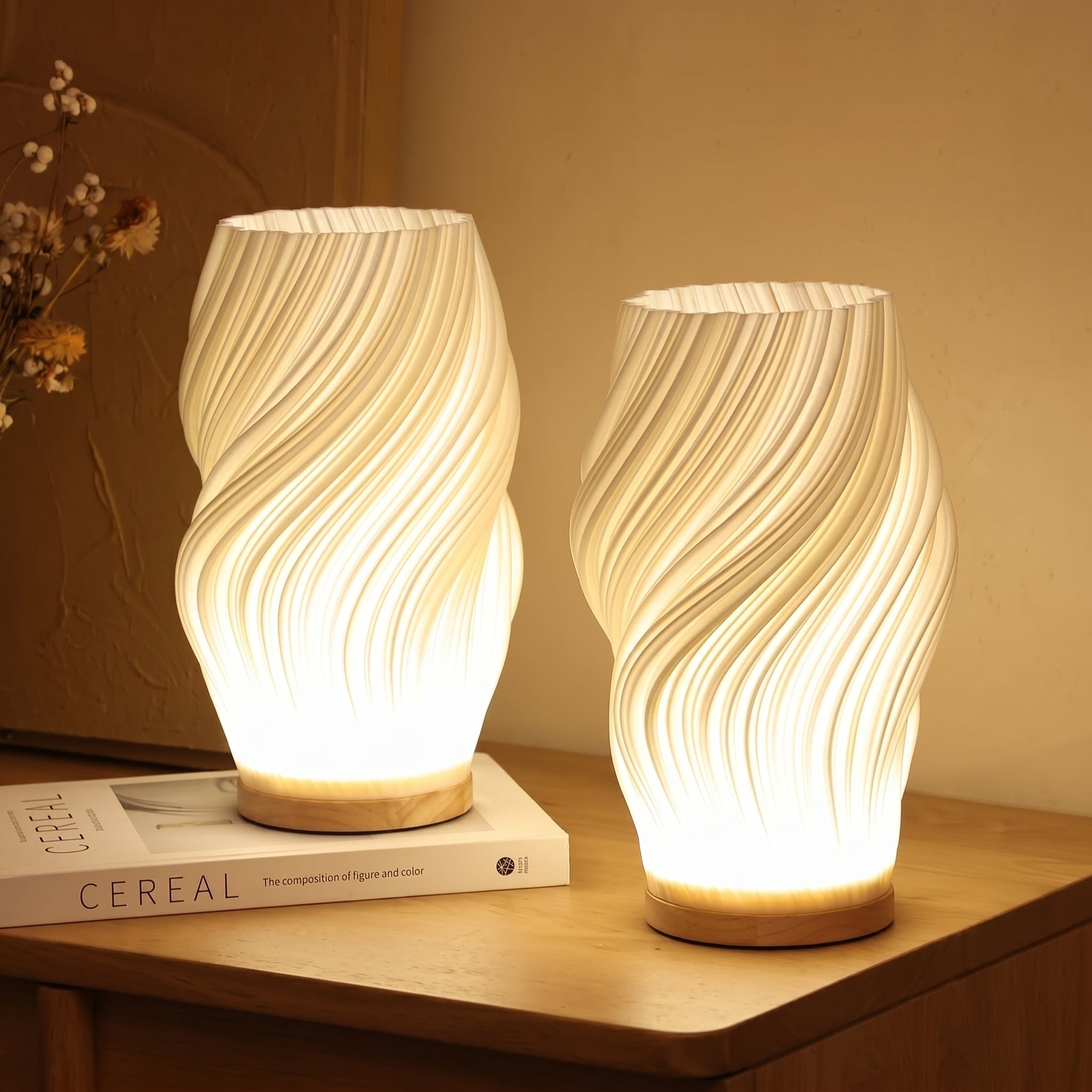 Table Lamp with Twisted Spiral Shade and Wooden Base - Table Lamp - Medium - Oaksoho
