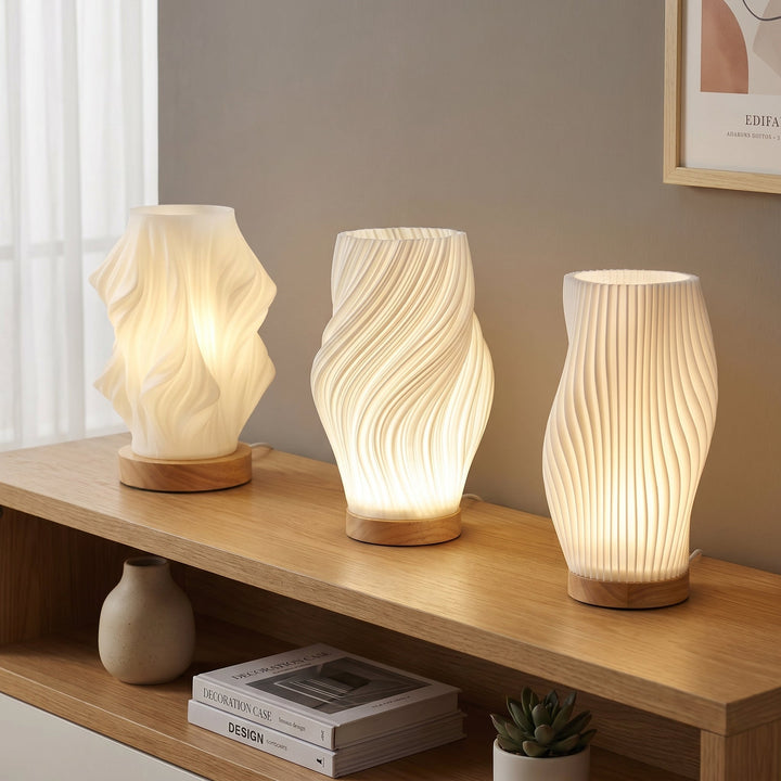 Table Lamp with Twisted Spiral Shade and Wooden Base - Table Lamp - Medium - Oaksoho