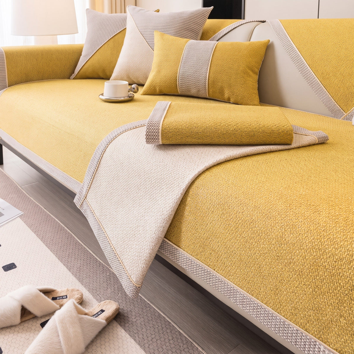 Textured Woven Sofa Cover with Non-Slip Backing - Slipcovers - Yellow - Oak Soho