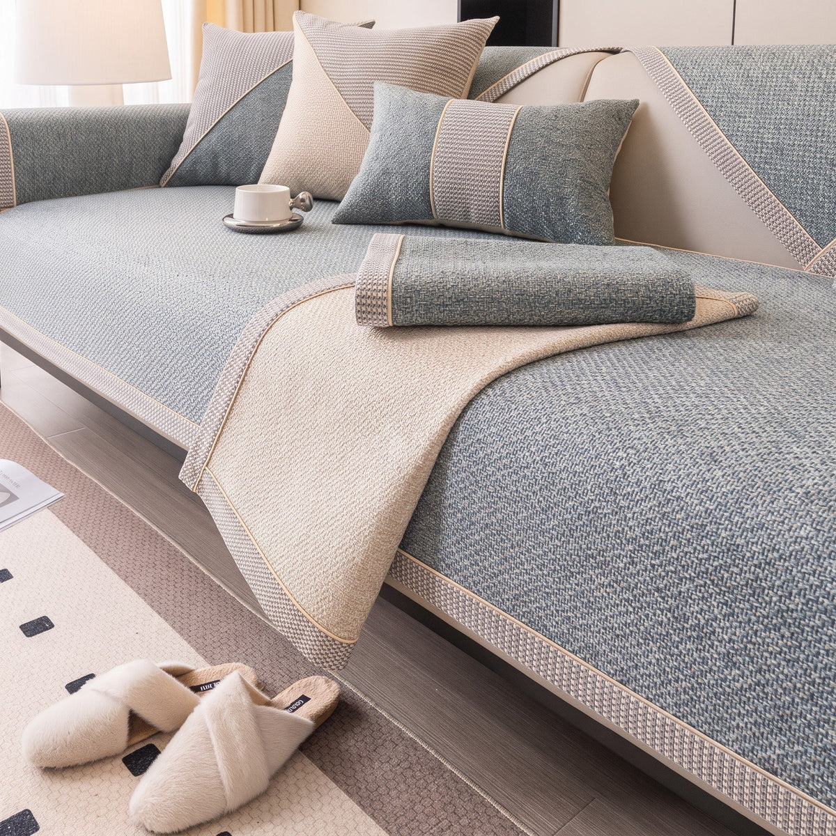 Textured Woven Sofa Cover with Non-Slip Backing - Slipcovers - Light Grey - Oak Soho