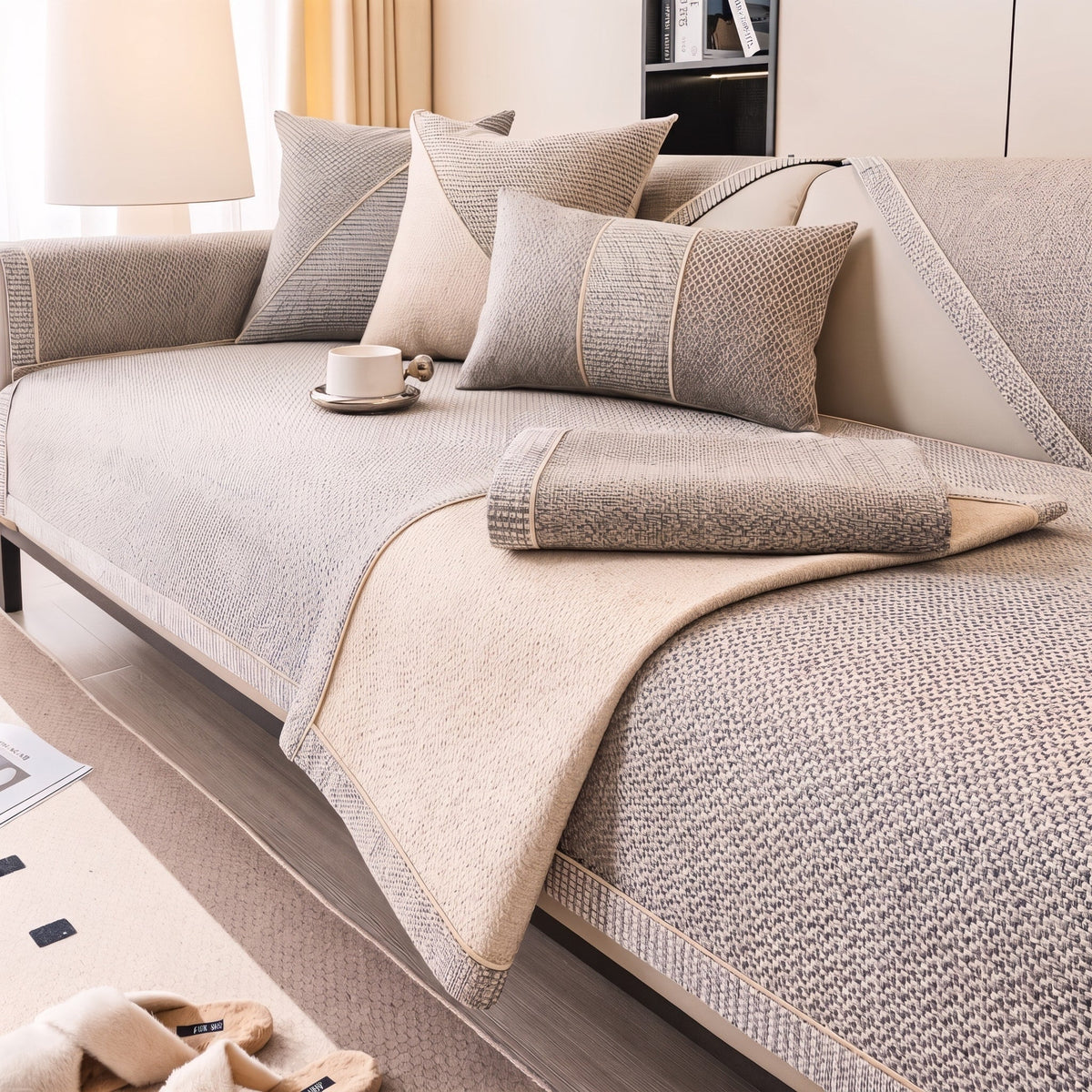 Textured Woven Sofa Cover with Non-Slip Backing - Slipcovers - Beige - Oak Soho