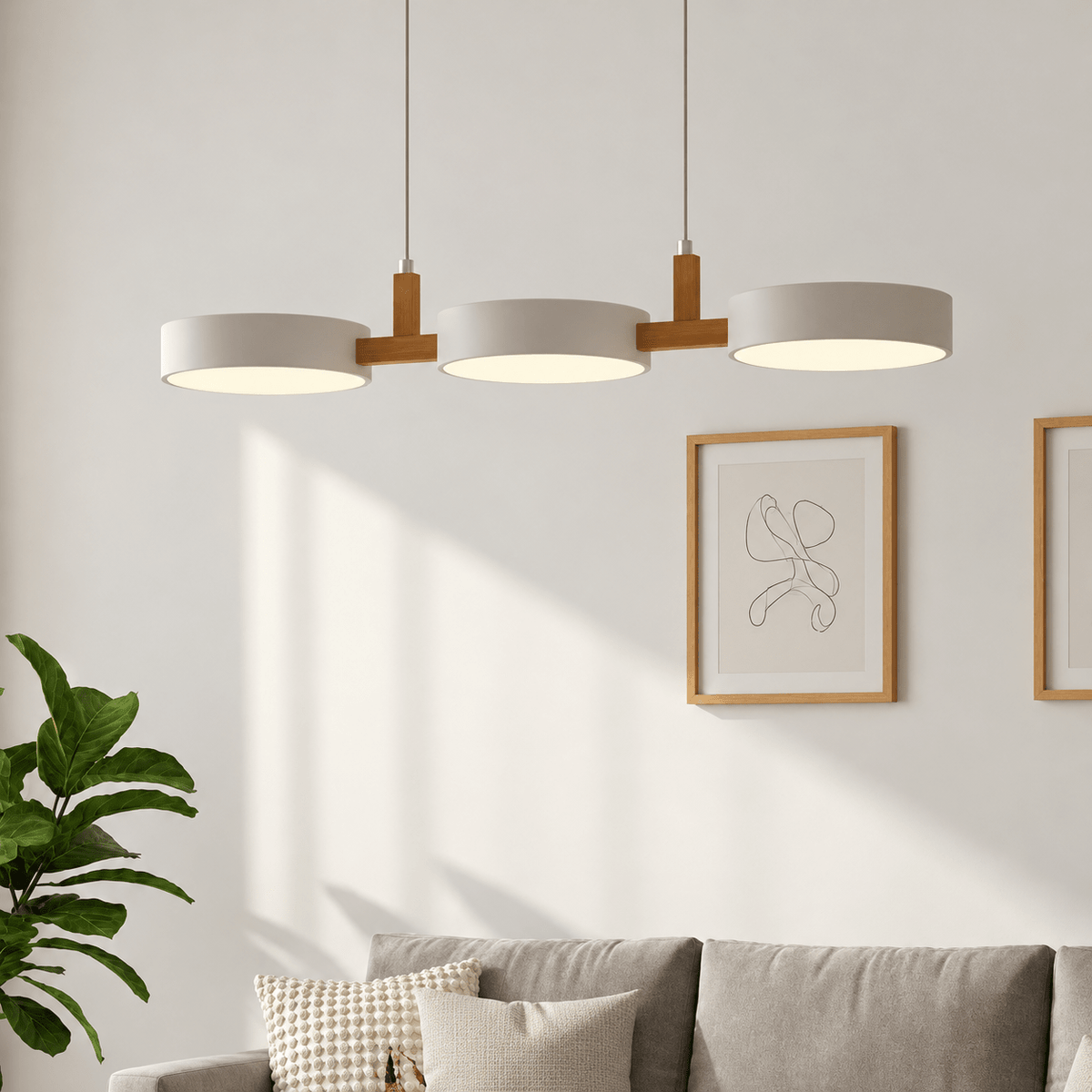 Three-Head Wooden Pendant Light with Round Metal Shades - Pendant Light Fixtures - White - Oak Soho
