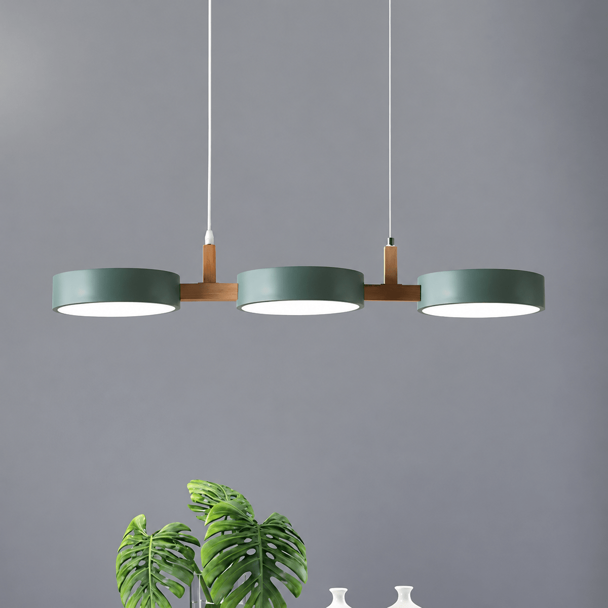 Three-Head Wooden Pendant Light with Round Metal Shades - Pendant Light Fixtures - Green - Oak Soho