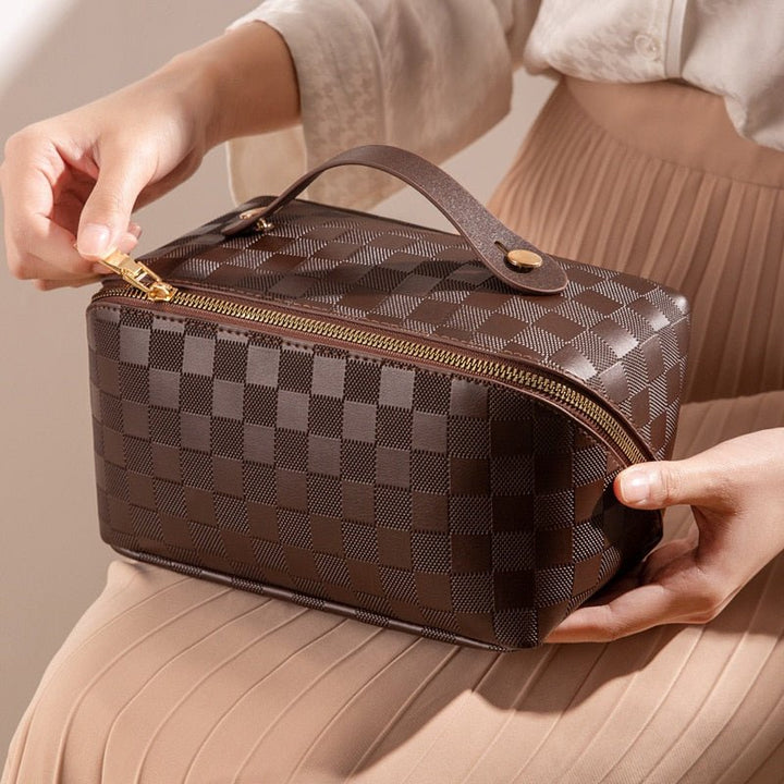 Toiletry Bag with Checkered Pattern and Practical Inner Dividers - Toiletry Bags - Brown - Oaksoho