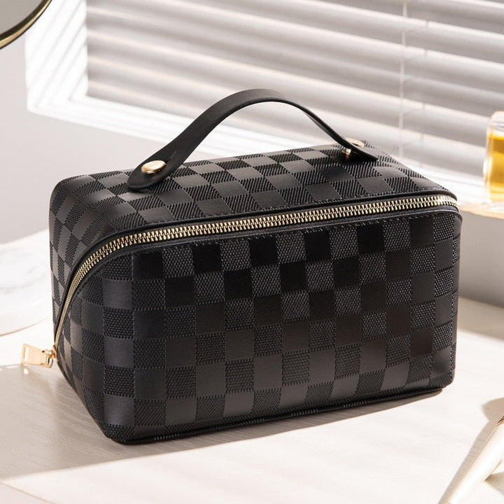 Toiletry Bag with Checkered Pattern and Practical Inner Dividers - Toiletry Bags - Black - Oaksoho