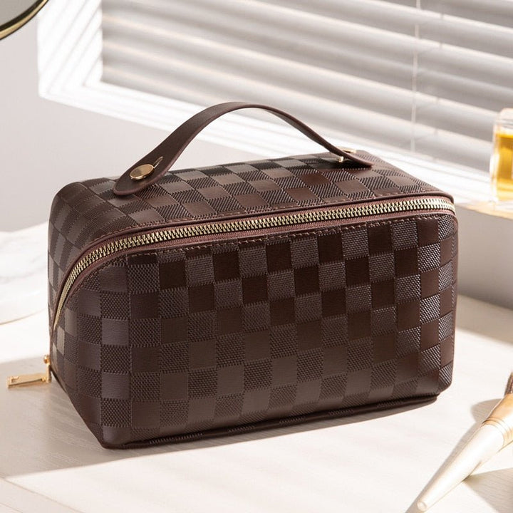 Toiletry Bag with Checkered Pattern and Practical Inner Dividers - Toiletry Bags - Brown - Oaksoho
